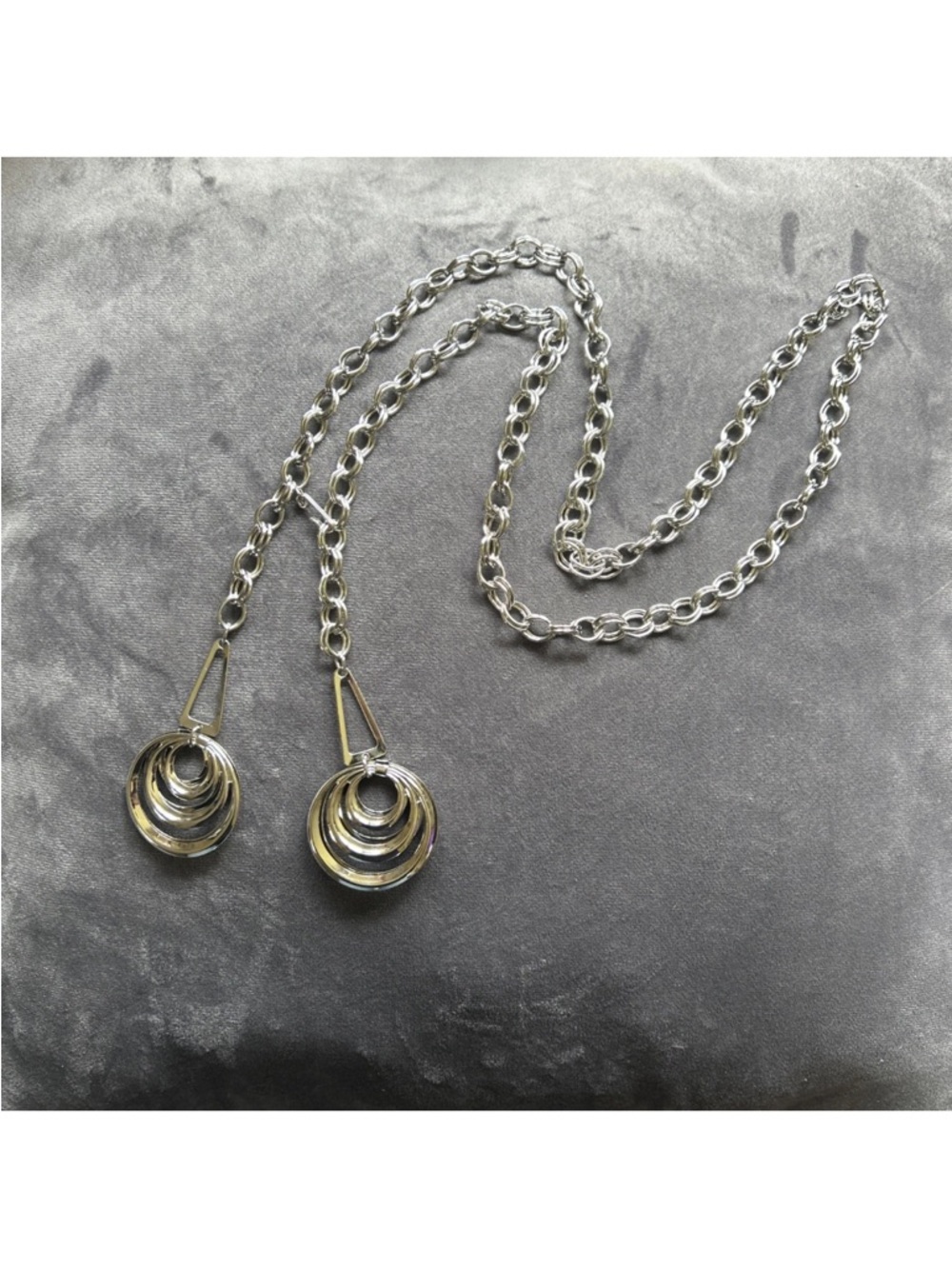 Vintage Silver Tone  Multi-Ring Drop Necklace - Women Jewelry 36 Inches